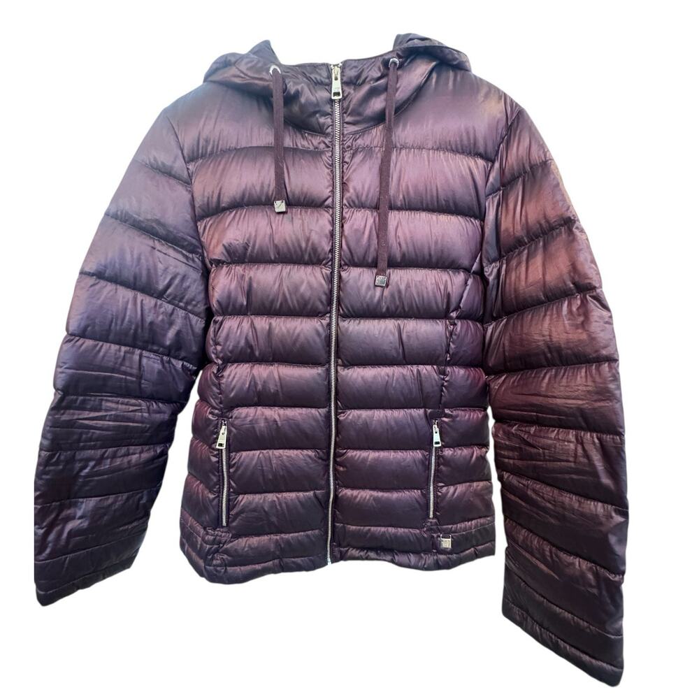 Andrew Marc Women’s Large Packable Down Puffer Jacket Hooded Lightweight Plum